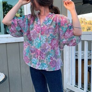 Vintage flower print lilac semi sheer cotton balloon sleeve shirt